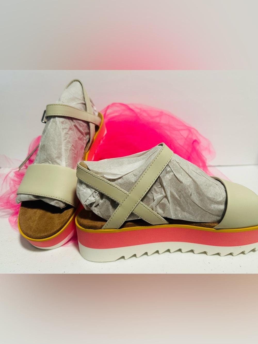 Toms Cream Platform Sandals with Pink and Yellow Trim